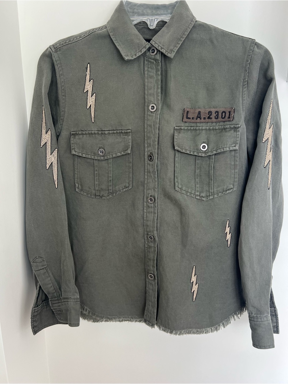 Rails Olive Button-Down Shirt Jacket with Lightning Patches